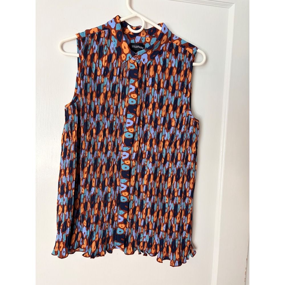 Wildfang The Empower Plisse Button Up Sleeveless Top Abstract Floral Orange Blue - Picture 2 of 5